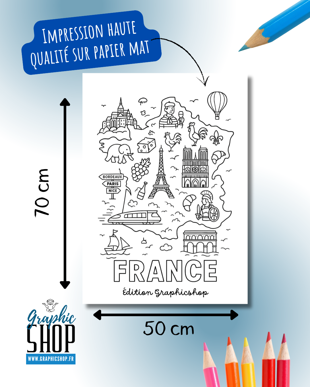 Coloriage géant – Carte de France – Affiche 50×70 cm