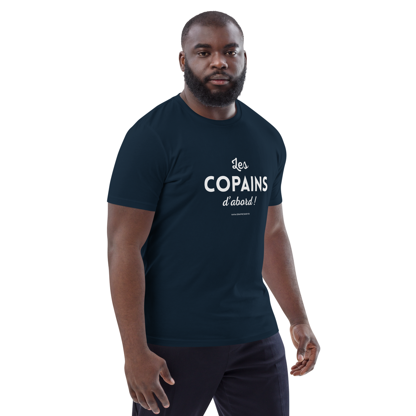T-shirt Bio « Les Copains d’abord ! » – Unisexe – Bleu Marine