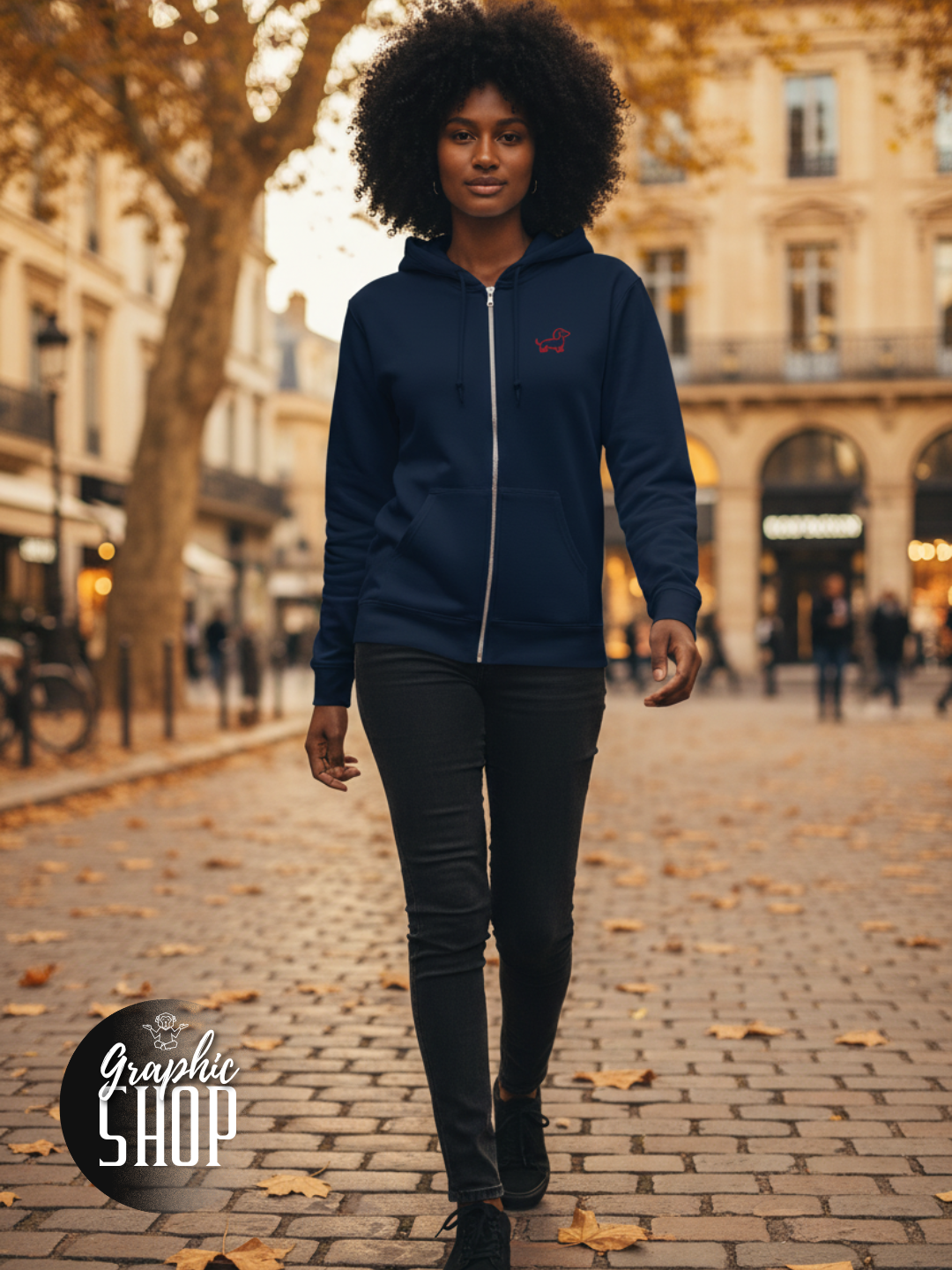 Sweat à capuche navy zippé – Teckel rouge brodé