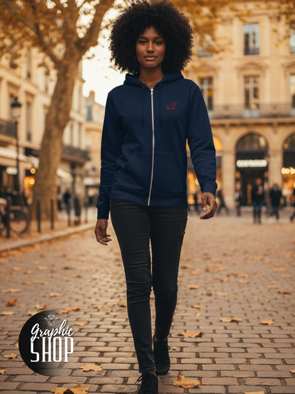 Sweat à capuche navy zippé – Teckel rouge brodé