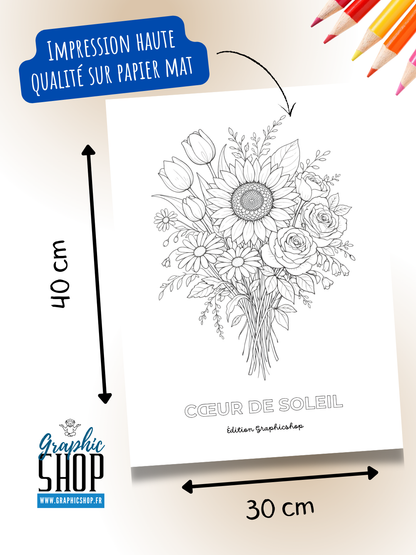 Coloriage géant fleurs – Coeur de soleil  | Affiche à colorier 30 × 40 cm – Graphicshop