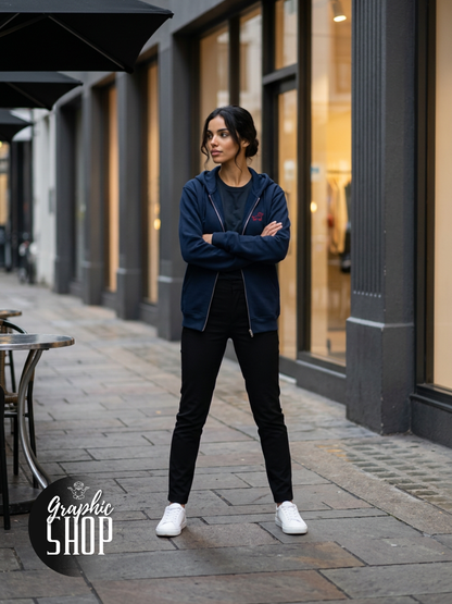 Sweat à capuche navy zippé – Teckel rouge brodé