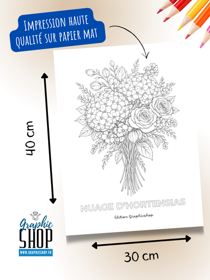 Coloriage géant fleurs – Nuage d’Hortensias | Affiche à colorier 30 × 40 cm – Graphicshop