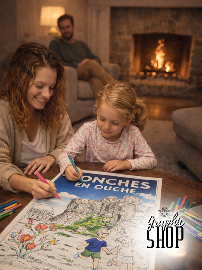 Coloriage géant – Donjon de Conches-en-Ouche (30 × 40 cm)