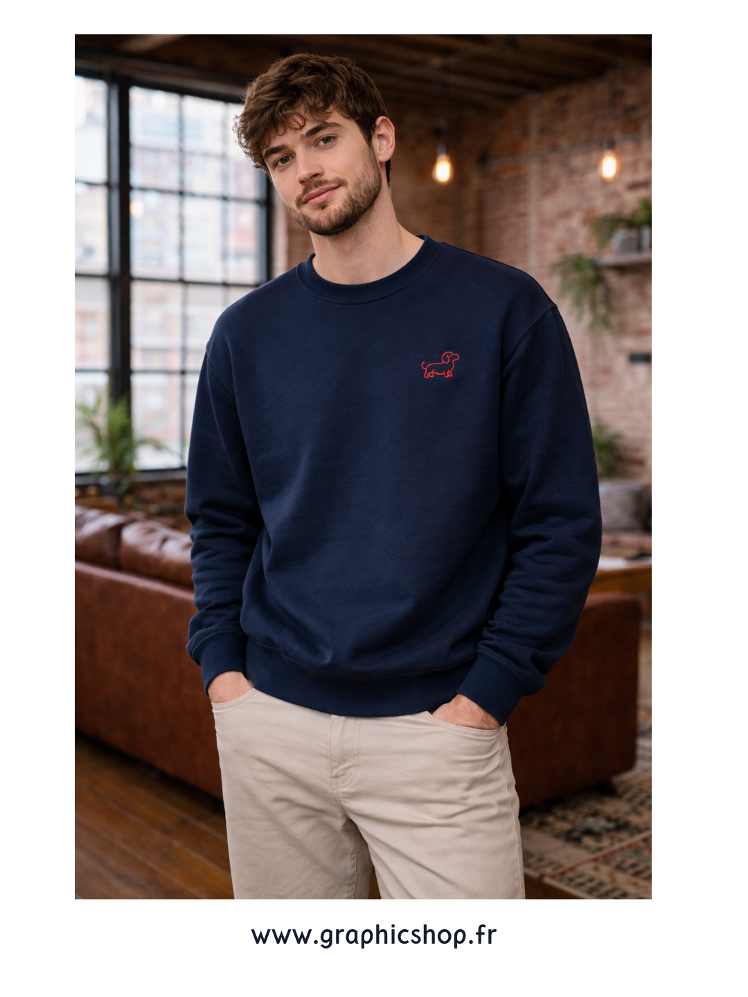 Sweat-shirt Navy Teckel Rouge Brodé – Design exclusif Graphicshop