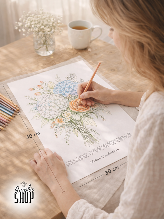 Coloriage géant fleurs – Nuage d’Hortensias | Affiche à colorier 30 × 40 cm – Graphicshop