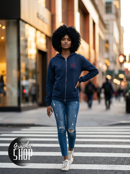 Sweat à capuche navy zippé – Teckel rouge brodé