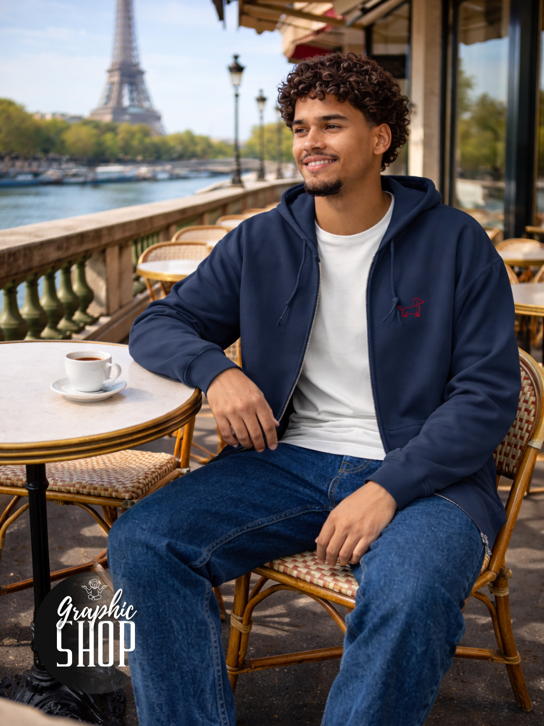 Sweat à capuche navy zippé – Teckel rouge brodé