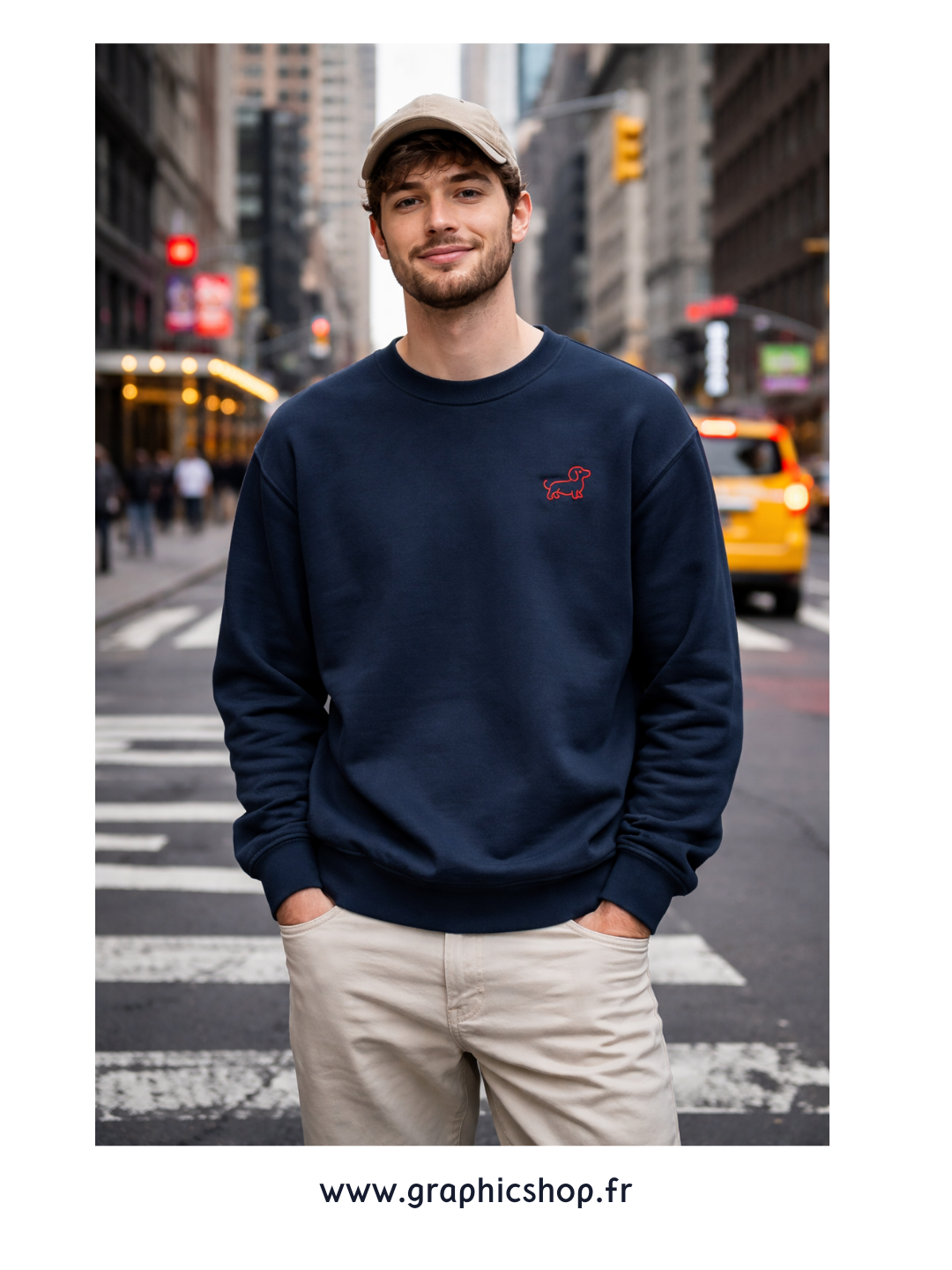 Sweat-shirt Navy Teckel Rouge Brodé – Design exclusif Graphicshop