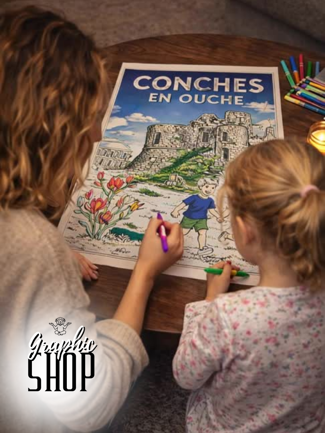 Coloriage géant – Donjon de Conches-en-Ouche (30 × 40 cm)