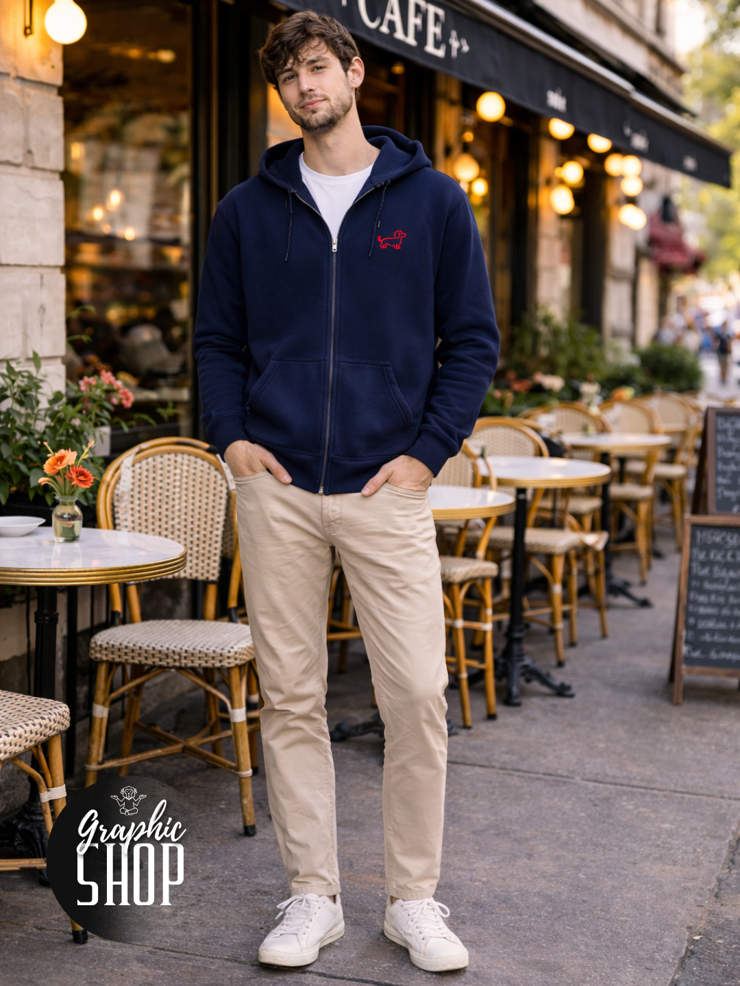 Sweat à capuche navy zippé – Teckel rouge brodé