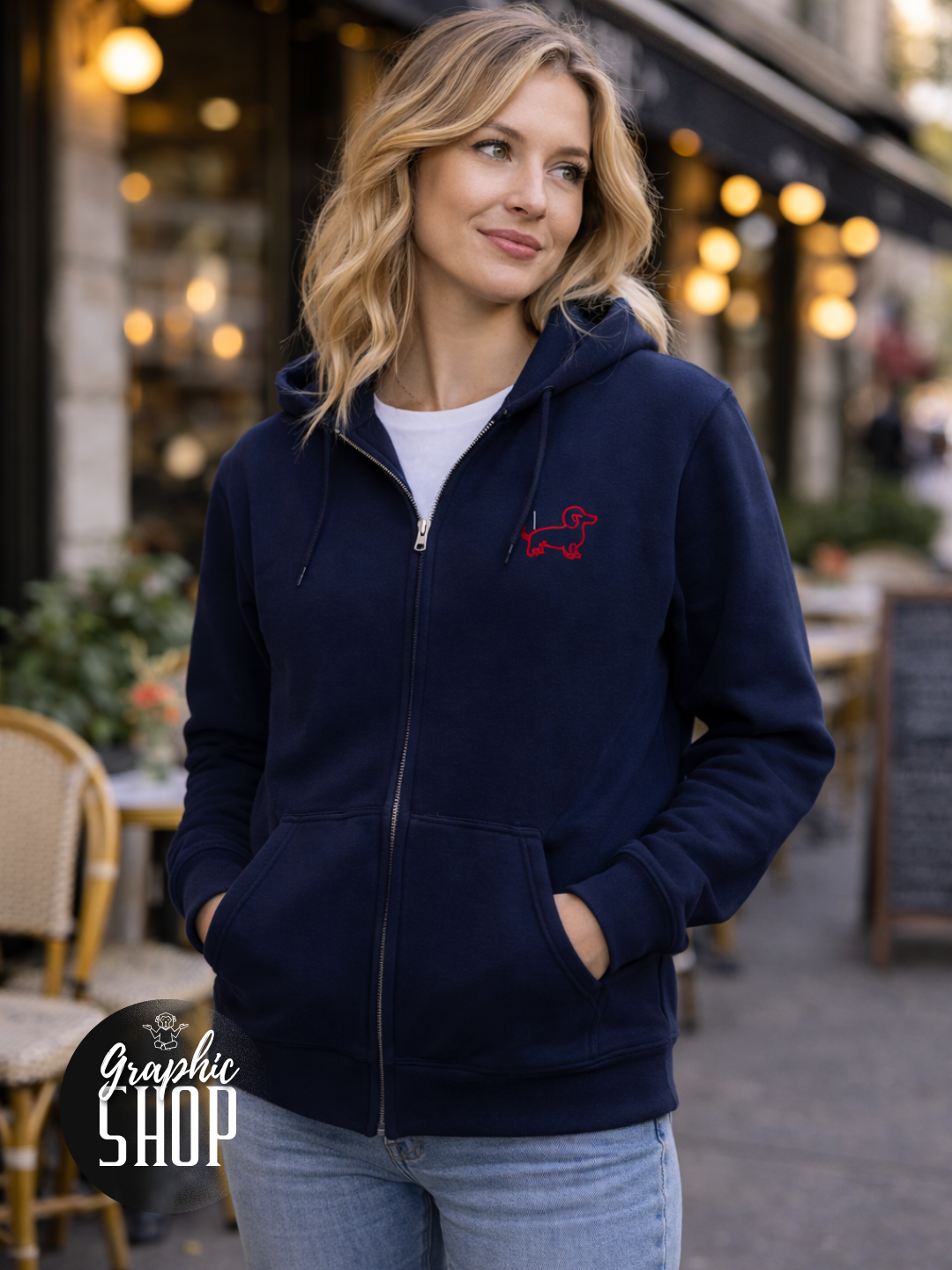 Sweat à capuche navy zippé – Teckel rouge brodé