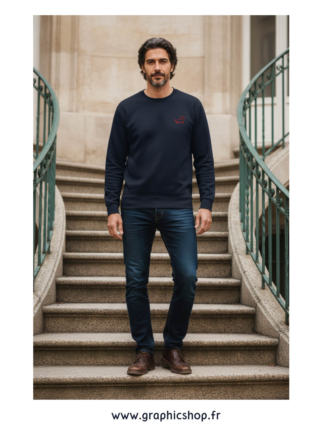 Sweat-shirt Navy Teckel Rouge Brodé – Design exclusif Graphicshop