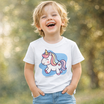 T-shirt enfant bio « La Licorne » – Illustration kawaii – Coton biologique – Noir, bleu marine & blanc – Graphicshop