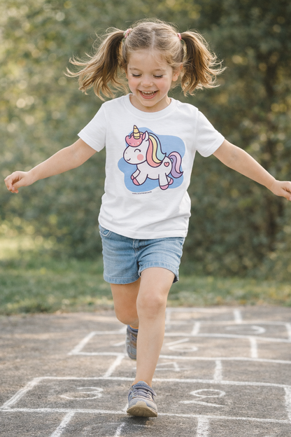 T-shirt enfant bio « La Licorne » – Illustration kawaii – Coton biologique – Noir, bleu marine & blanc – Graphicshop