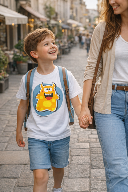 T-shirt enfant bio « DIABLOTIN » – Illustration kawaii – Coton biologique – Noir, bleu marine & blanc – Graphicshop