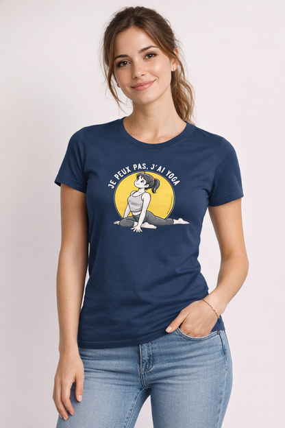T-shirt Femme Yoga « Je peux pas, j’ai yoga » - bleu / jaune