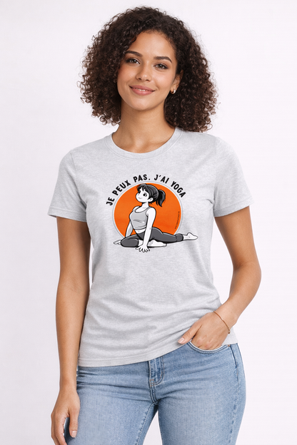 T-shirt Femme Yoga « Je peux pas, j’ai yoga » - Gris / orange