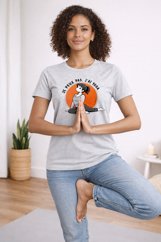 T-shirt Femme Yoga « Je peux pas, j’ai yoga » - Gris / orange