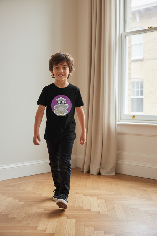 T-shirt enfant bio « Le Fantôme » – Illustration kawaii – Coton biologique – Noir, bleu marine & blanc – Graphicshop