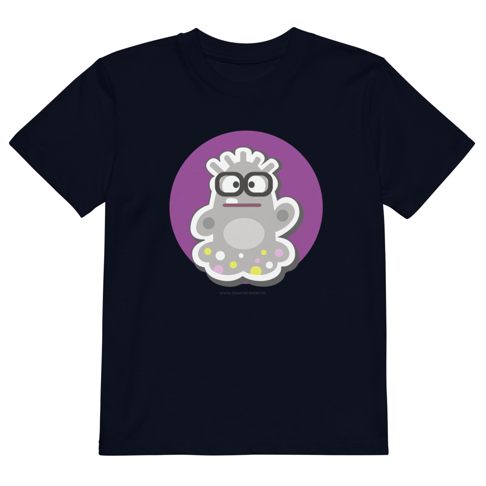 T-shirt enfant bio « Le Fantôme » – Illustration kawaii – Coton biologique – Noir, bleu marine & blanc – Graphicshop