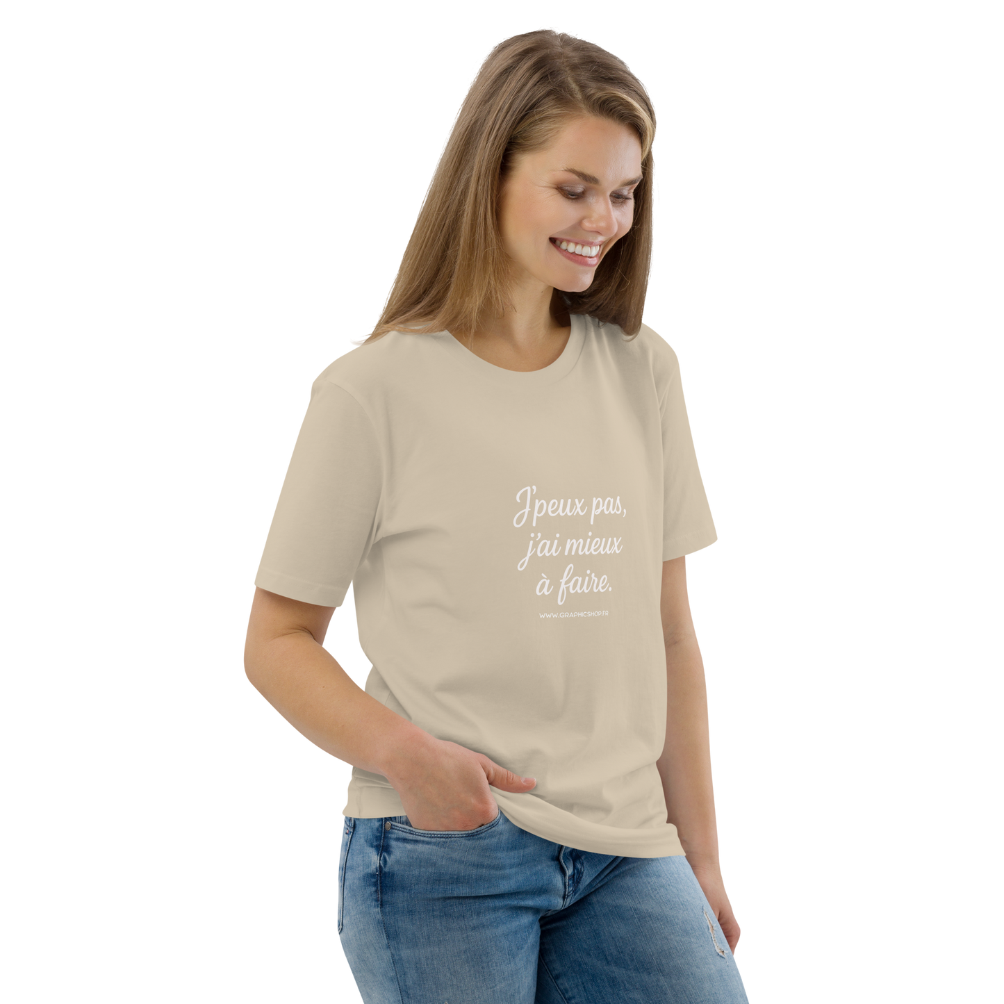 T-shirt Bio « J’peux pas, j’ai mieux à faire. » – Unisexe – Sable Doux