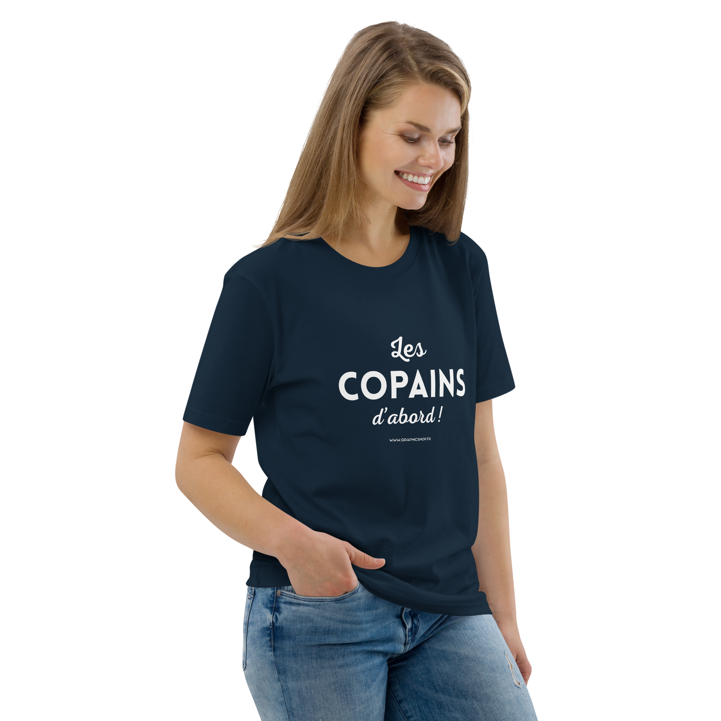 T-shirt Bio « Les Copains d’abord ! » – Unisexe – Bleu Marine