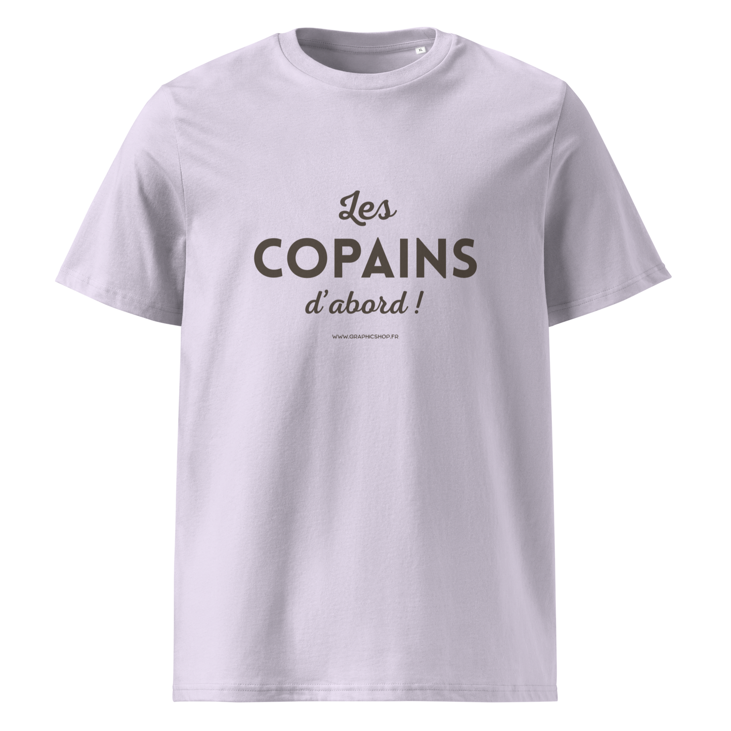 T-shirt Bio « Les Copains d’abord ! » – Unisexe – Lavande Douce
